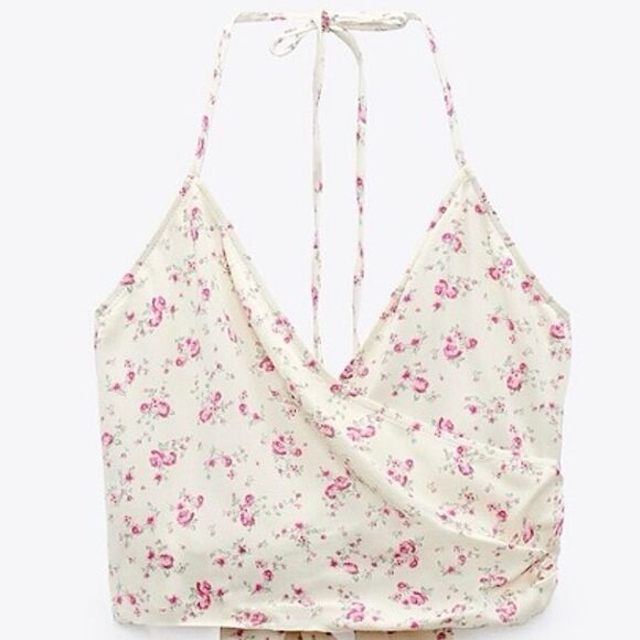 Zara Halter Floral Shirt Wrap Front Tie Back Crop Top Size M - Picture 3 of 10